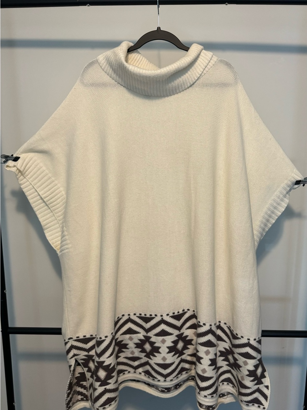 Cream Turtleneck Poncho Aztec/Geometric Hem